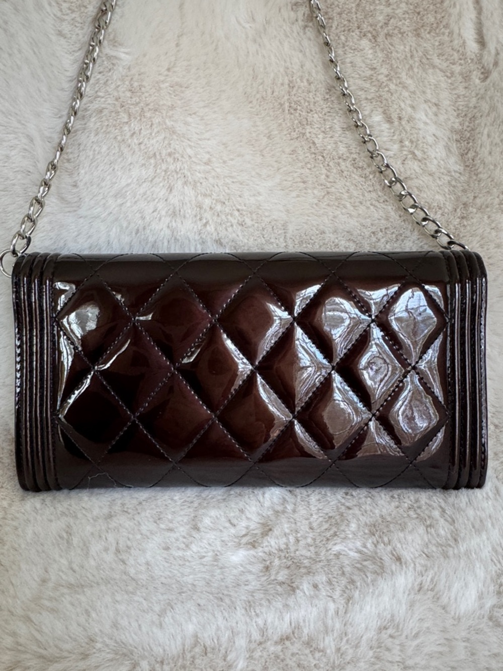 CHANEL Quilted Patent Leather Boy Wallet on chain w/insert in Deep Brown - Picture 6 of 16